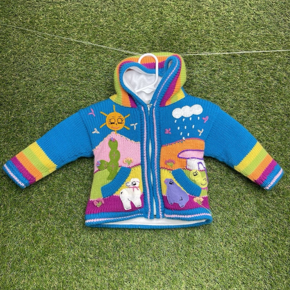 Handmade Alpaca Wool Knitted Hoodie Kids Size 0 Embroidery Après Ski Sweater
